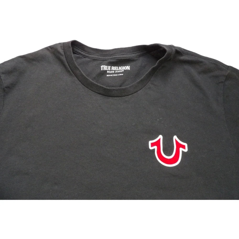 True Religion Buddha Guitar Logo Graphic Tee Men M Black Red Cotton Streetwear